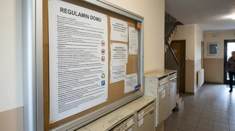 Стенд із правилами будинку (regulamin domu) на дошці оголошень у під'їзді польської багатоповерхівки