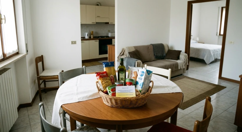 A modest furnished apartment in an Italian residential building, prepared for a refugee family, with a welcome basket on the table.
