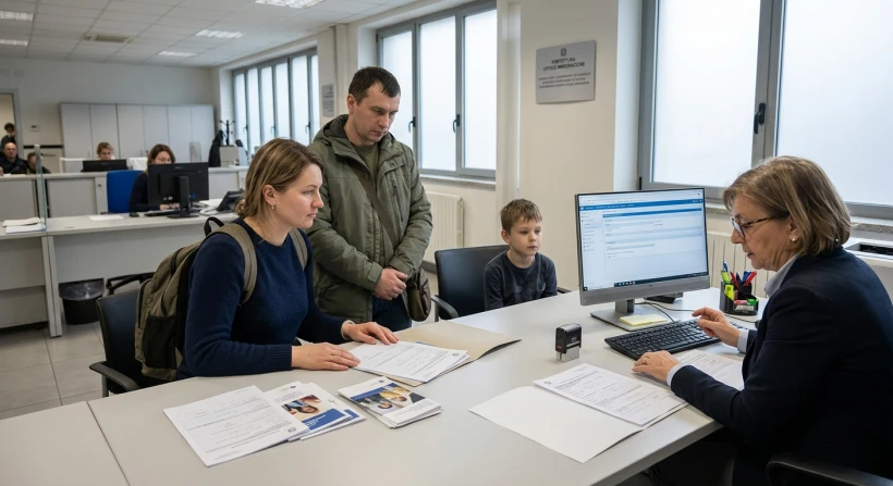 Reception desk at an Italian prefecture office where a Ukrainian family is registering for temporary accommodation, papers and a computer visible.