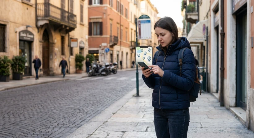 A person using a smartphone to browse a map app showing nearby refugee support services in an Italian city street.
