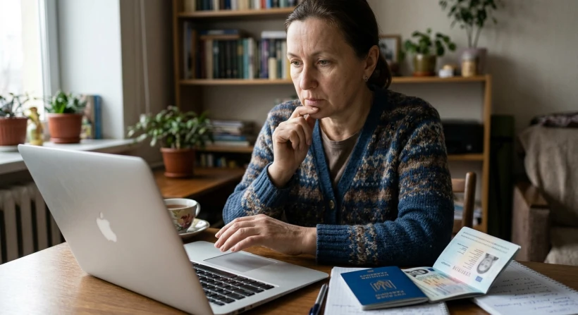 людина за ноутбуком уважно перевіряє дані своєї візи на офіційному сайті, поруч лежить паспорт