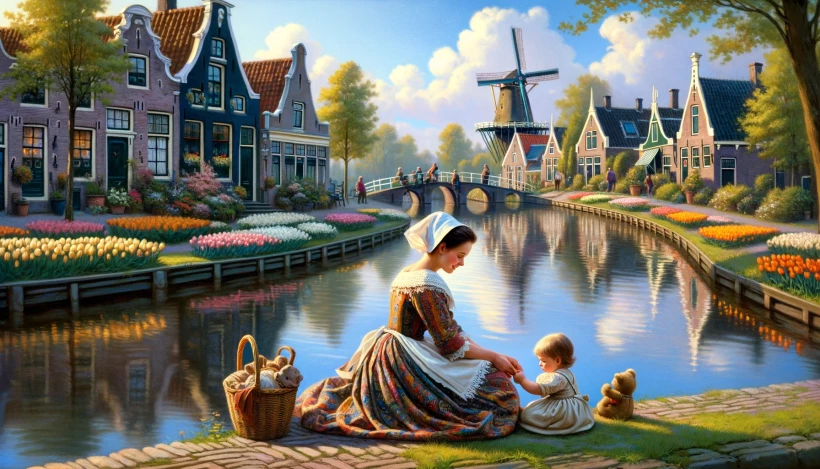 dalle-2024-05-26-150012-a-serene-scene-depicting-motherhood-in-the-netherlands-a-dutch-mother-is-seen-sitting-by-a-picturesque-canal-with-her-young-child-she-is-dressed-in-webp_by6LFE.webp
